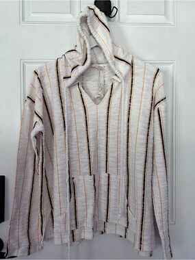 Hem & Thread Cream Hoodie with Black & Mustard Stripes